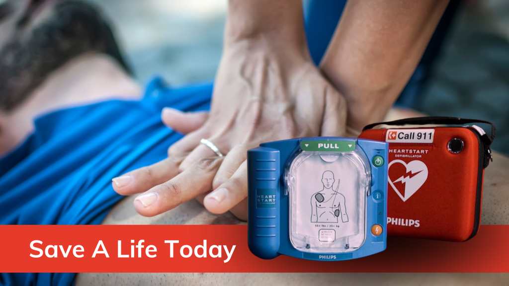 CPR being administered with a photo of the Philips On-Site HeartStart AED ( Automated External Defibrillator)